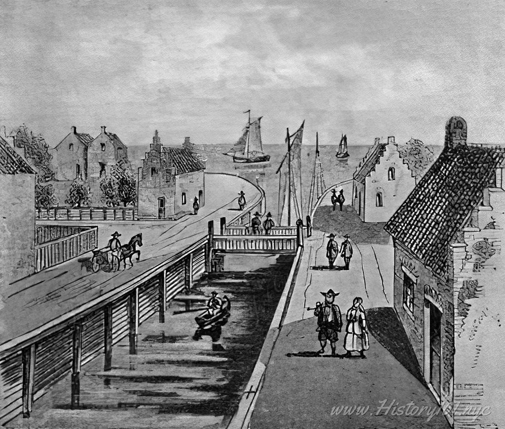 Illustration depicting views of the "Graft", or canal in Broad Street, and the Fish Bridge which once spanned it.