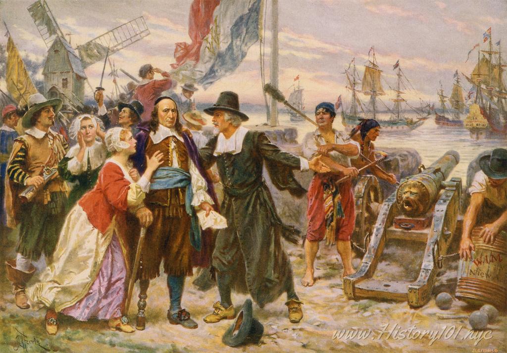 Print shows Peter Stuyvesant with local settlers pleading with him not to open fire on the British who have arrived in warships to claim New Amsterdam for England.