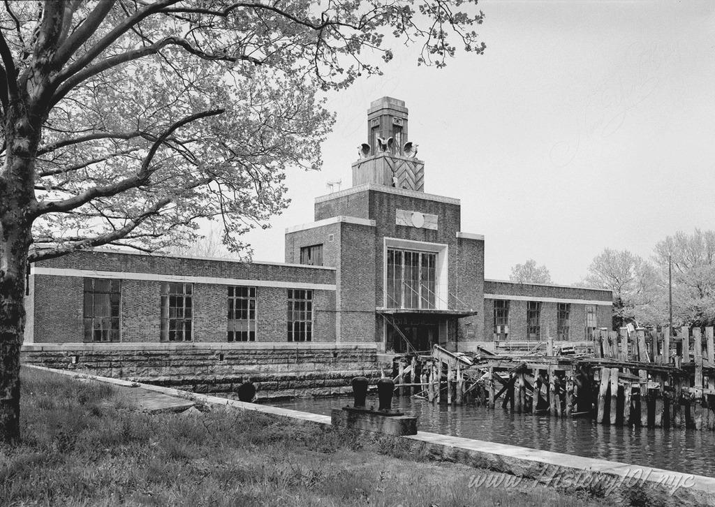 Photograph of Ellis Island Ferry Building on the New York Harbor, taken from the south.