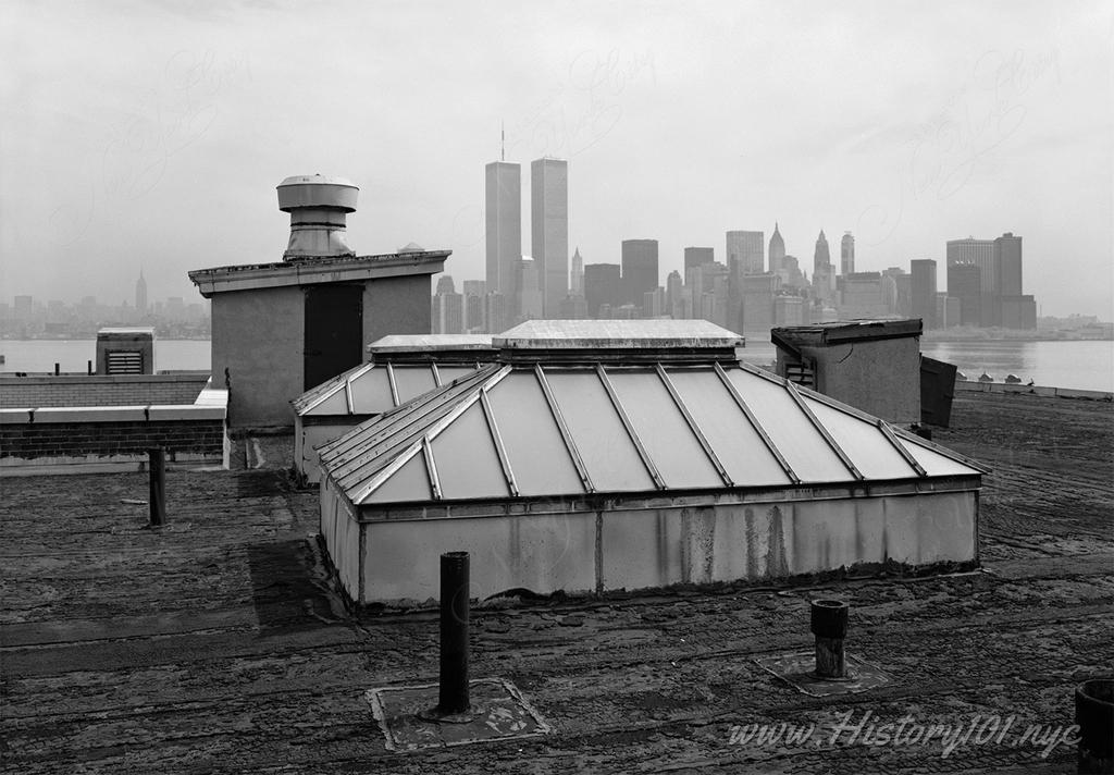Photograph taken from the rooftop of Ellis Island Baggage and Dormitory Building, shows downtown Manhattan skyline in the background.