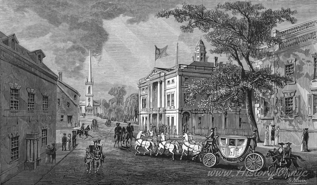 Illustration of George Washington arriving at Wall Street in a horse and carriage.