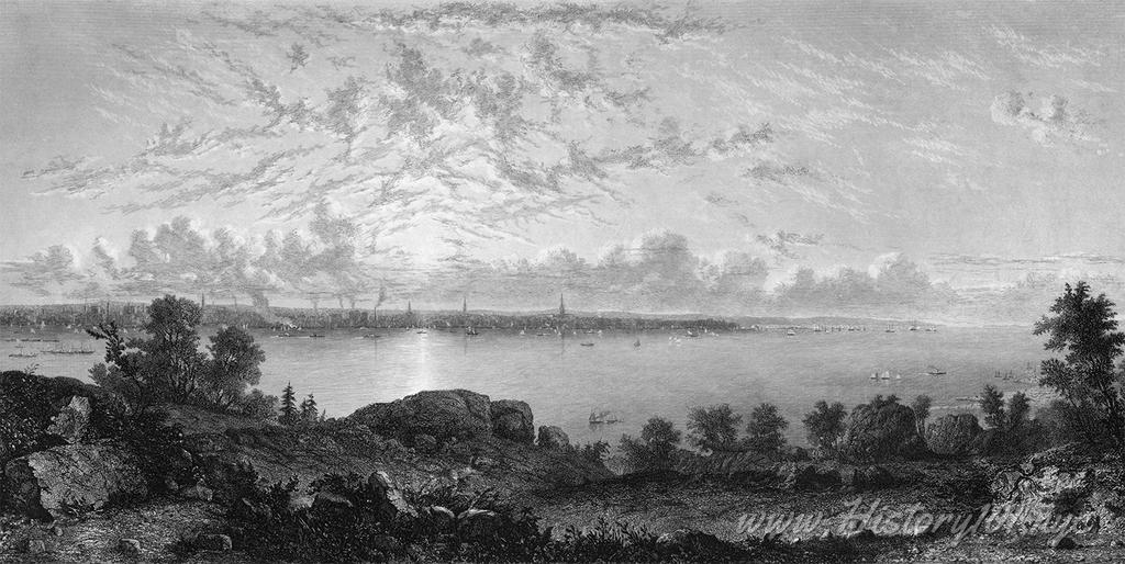 An illustration of downtown Manhattan from Jersey City, long before the era of skyscrapers.