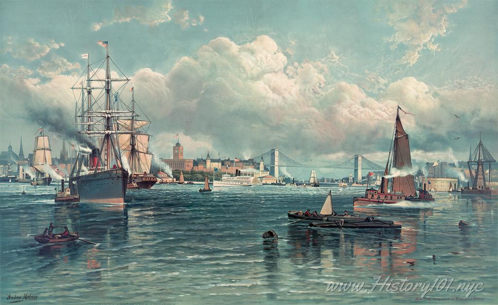 A painting of ships sailing the New York Harbor against a backdrop of Manhattan and the Brooklyn Bridge in the distance.