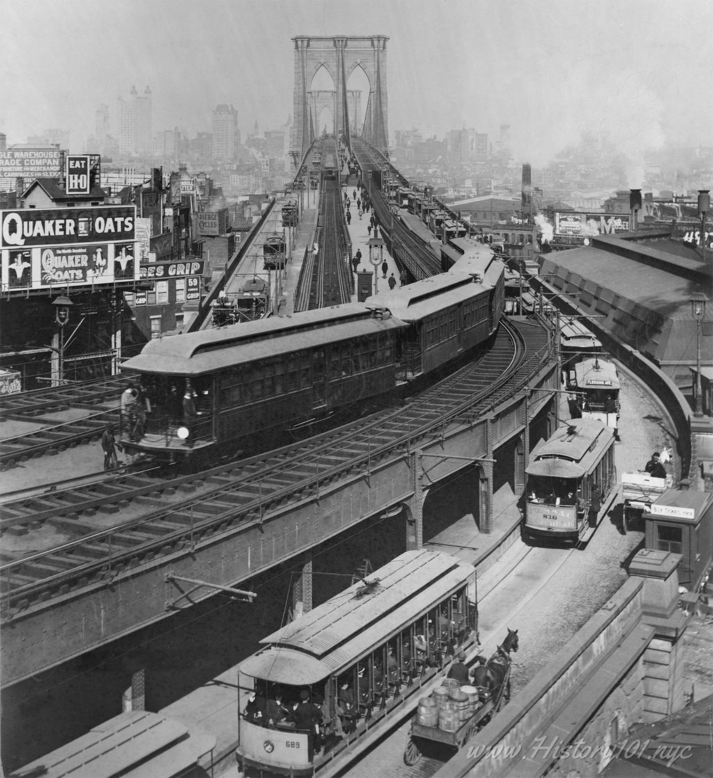 Photograph of the curved overpass at Brooklyn Terminal, New York & Brooklyn Bridge.