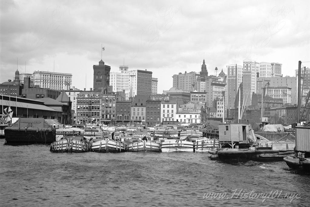 Photograph of canal boats at the East River docks with Manhattan's downtown skyline in the background.