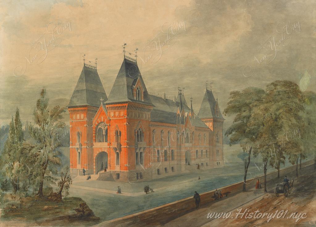Painting by Richard Morris Hunt shows a conceptual sketch of a potential new home for The New York Historical Society, where the current Parks Department is located. 