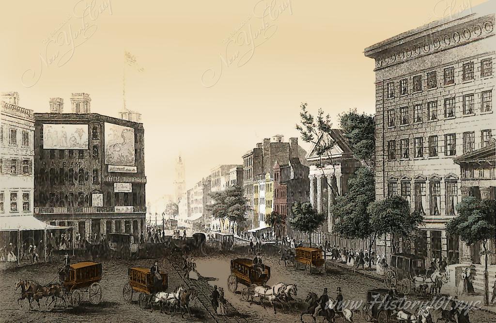 Watercolor Illustration of Broadway and Vesey Street Looking South.