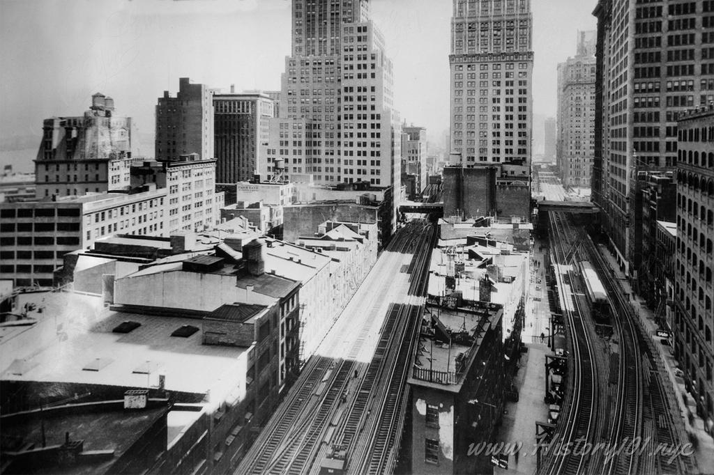 Aerial photograph of Manhattan looking north over Washington and Greenwich Streets with Trinity Place on the right.