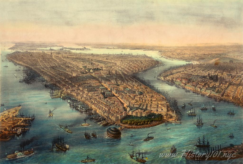 Aerial illustration over New York City's harbor, facing Manhattan, Brooklyn and Queens.