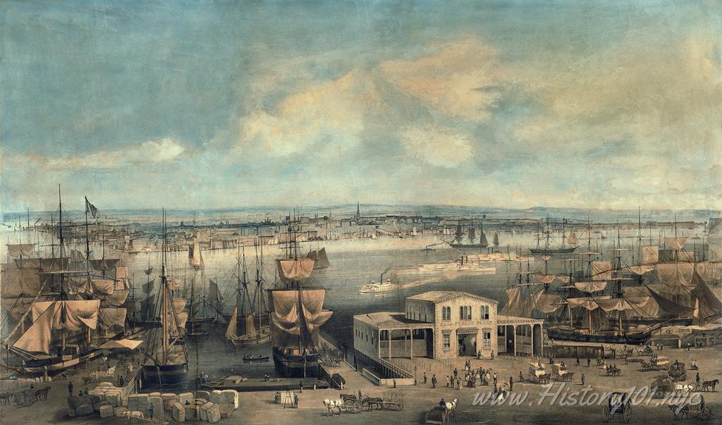 Painting of a view from Trinity Church, looking towards Brooklyn and Long Island.