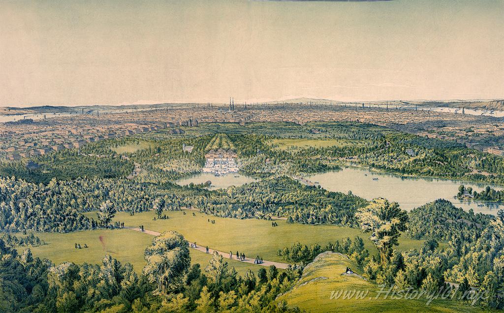 Illustration of an aerial perspective overlooking Central Park in Manhattan.
