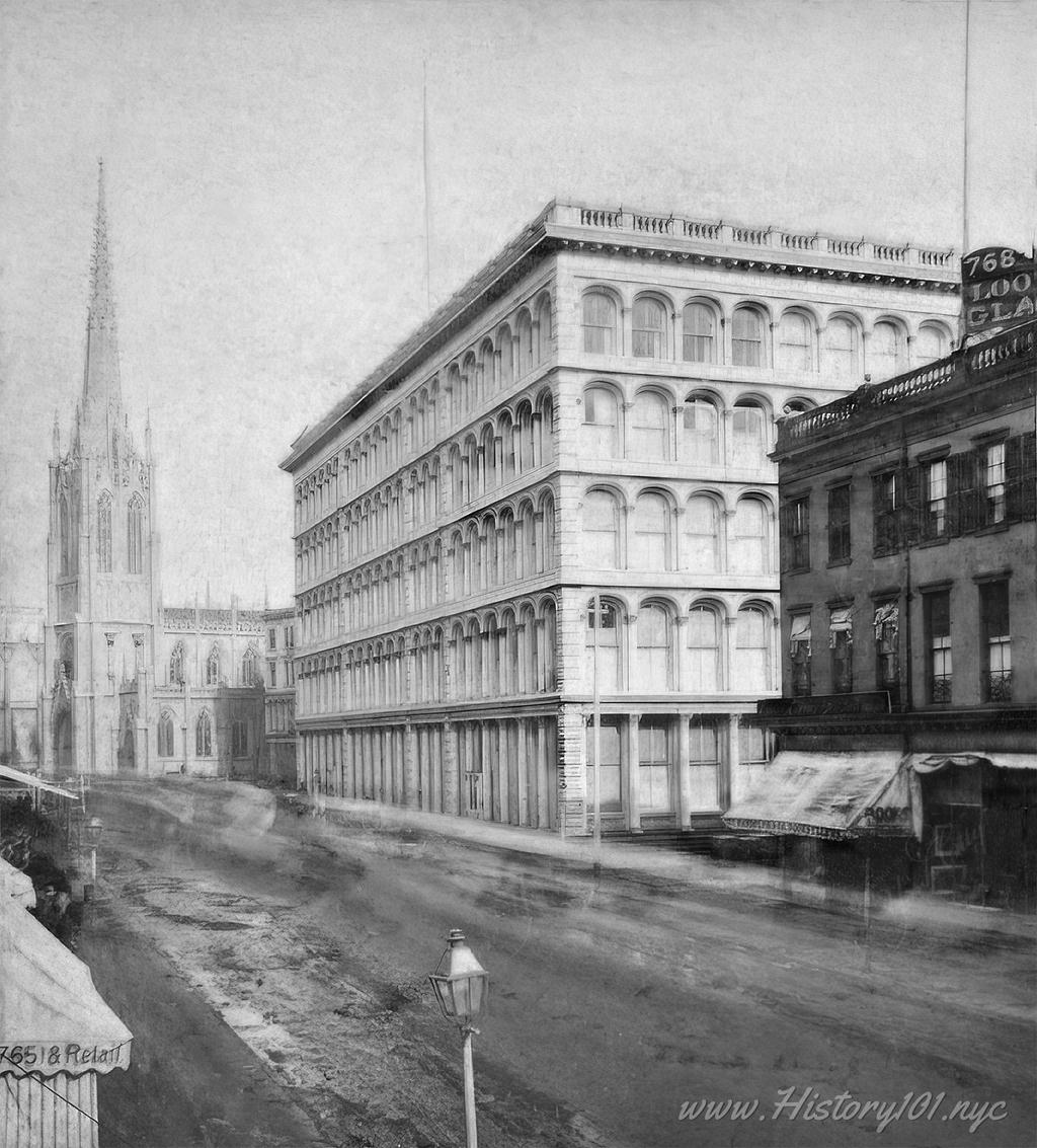 Photograph of Broadway, looking north towards A.T. Stewart's Building and Grace Church.