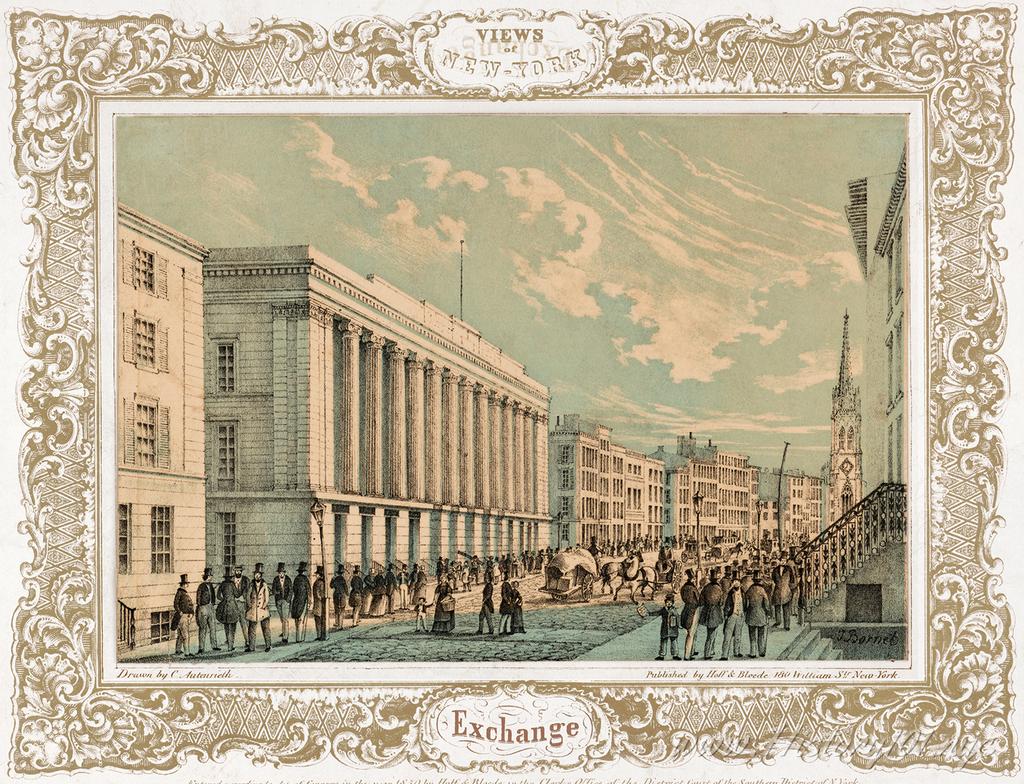 Illustration of a busy street in front of the New York Exchange which was founded on May 17, 1792.