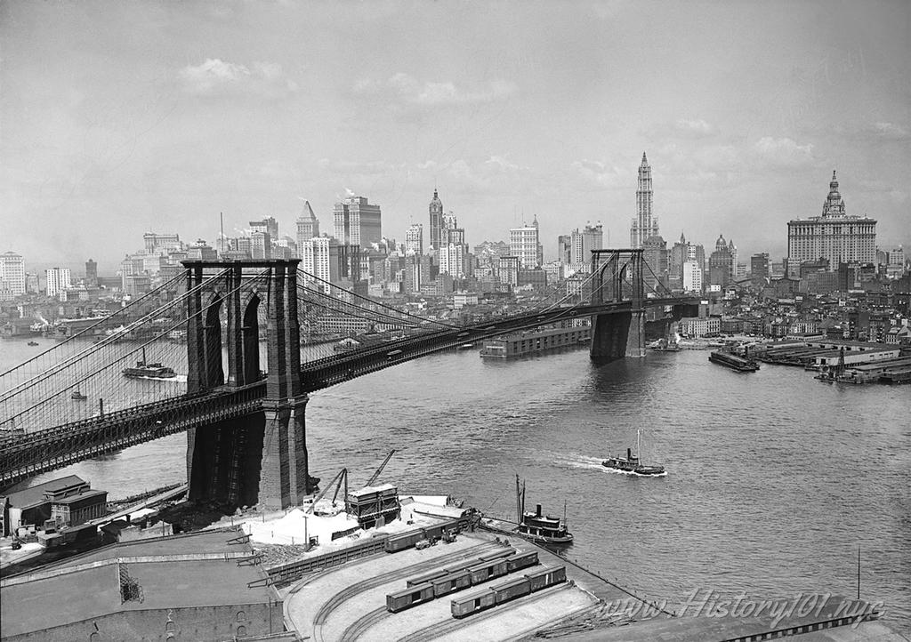 Aerial photograph of downtown Manhattan and Brooklyn Bridge spanning the East River.