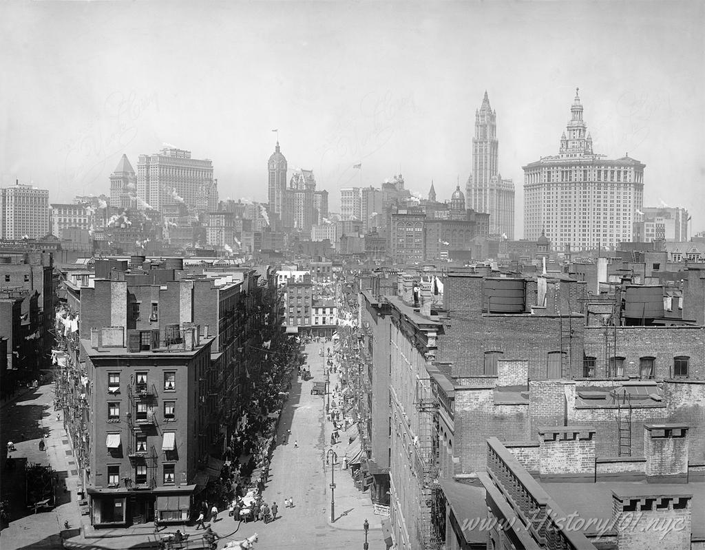 Discover the 1915 skyline of NYC through a historic photograph from the Manhattan Bridge, depicting the city's architectural transformation