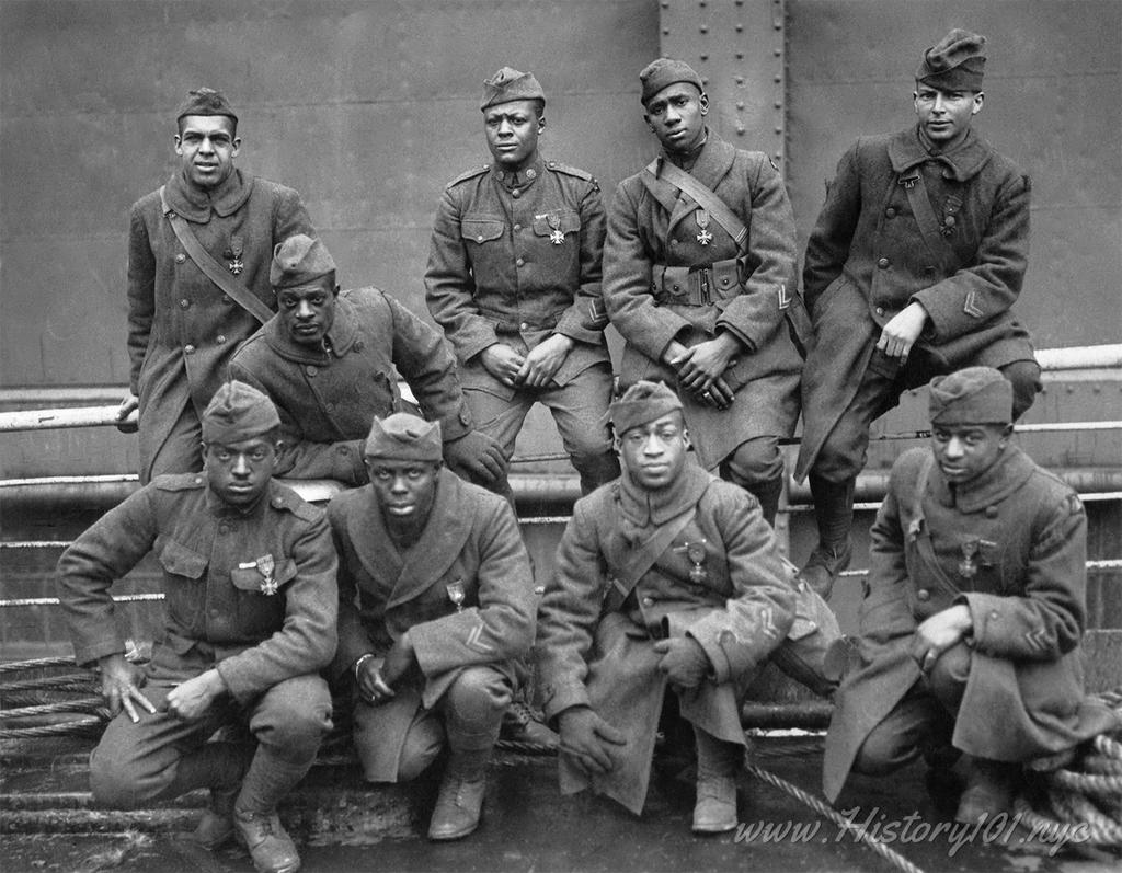 Some of the men of the 369th Infantry Regiment (aka Harlem Hellfighters) who won the Croix de Guerre for gallantry in action.