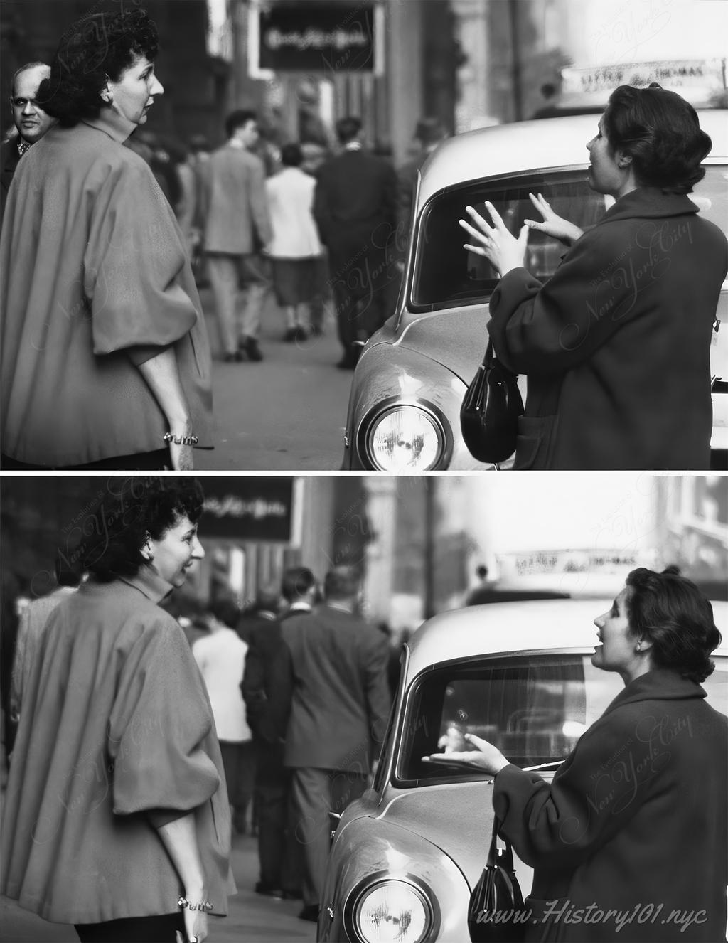 Photograph shows two separate shots of women having a conversation on the curb in front of a New York City taxi.