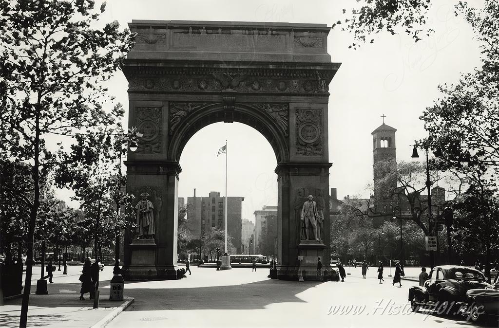 Photograph of the Washington Square Arch located at Washington Square Park in Greenwich Village, with its iconic fountain in background, visible through arch.