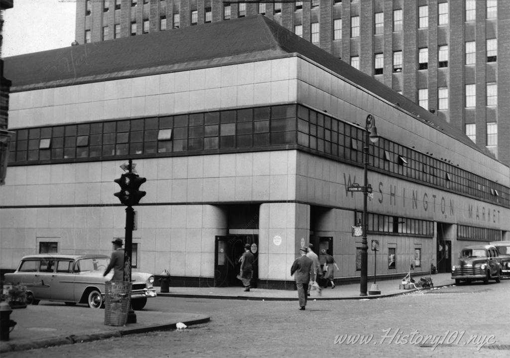 Photograph of Washington Market, looking north from Fulton Street.