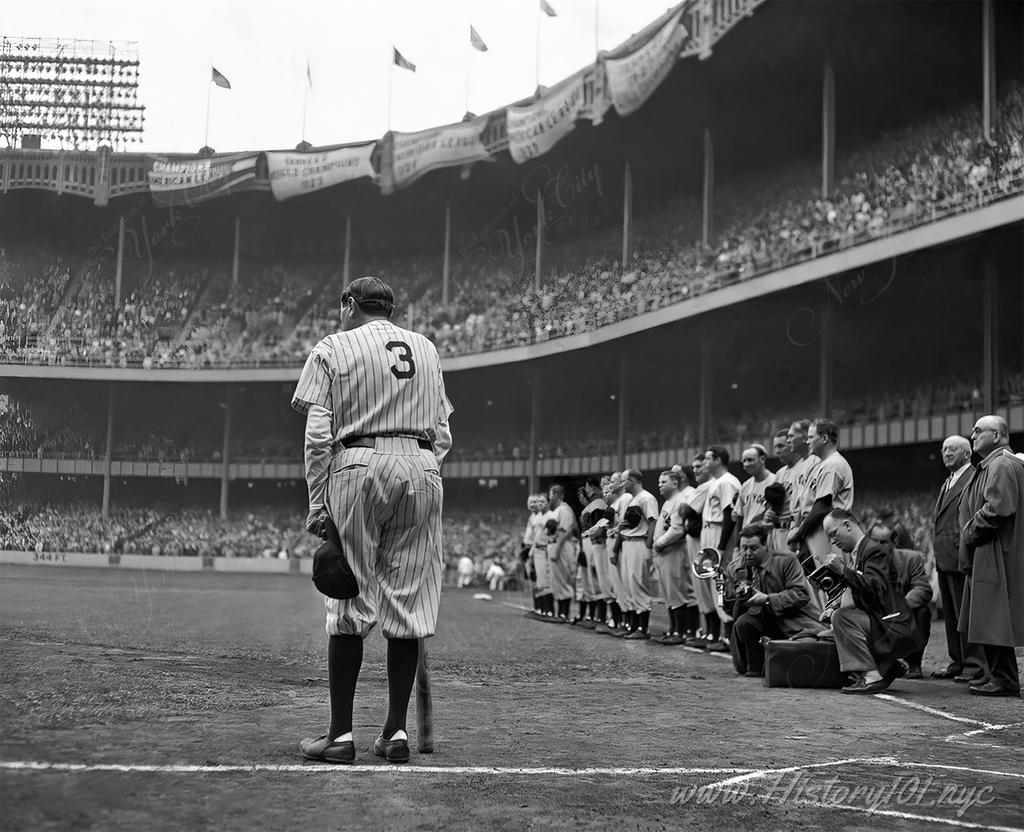 Photograph of Babe Ruth during a ceremony at Yankee Stadium to retire his number on June 13,1948.