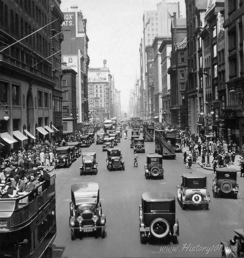 Photograph looking up Fifth avenue north from the former Lord & Taylor building at the left at 38th Street. 