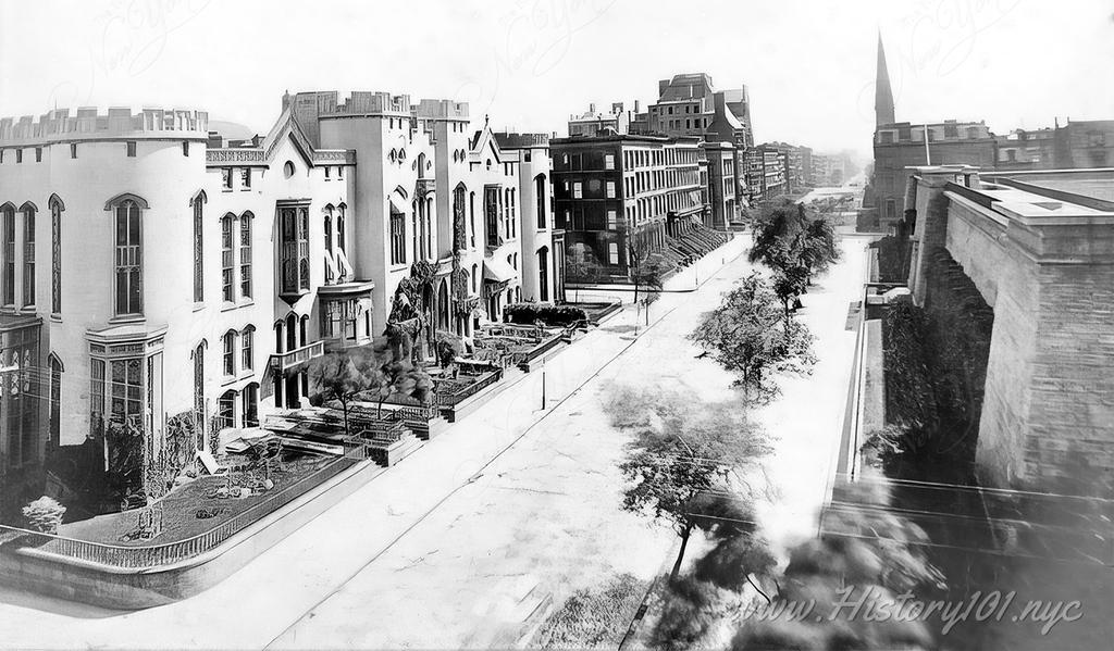 Aerial photograph of Fifth Avenue looking south with Rutgers Female College on left and Croton Reservoir on right.