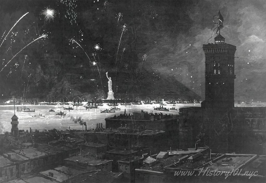 Aerial illustration of the Statue of Liberty and New York Harbor illuminated by fireworks at night.