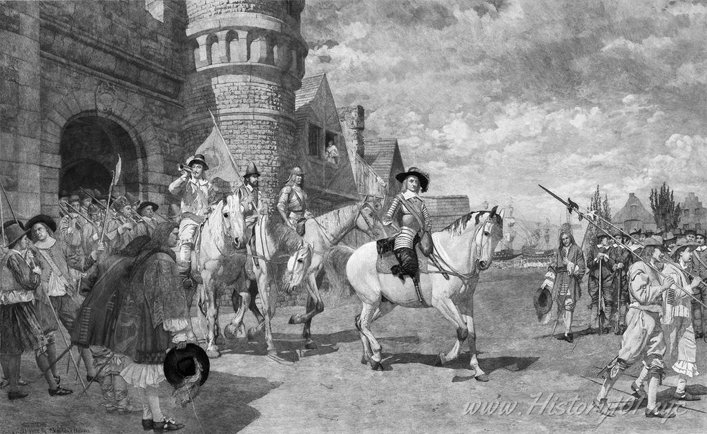 Printed illustration shows Dutch soldiers, lead by Director General Peter Stuyvesant, leaving New Amsterdam after ceding it to the English.