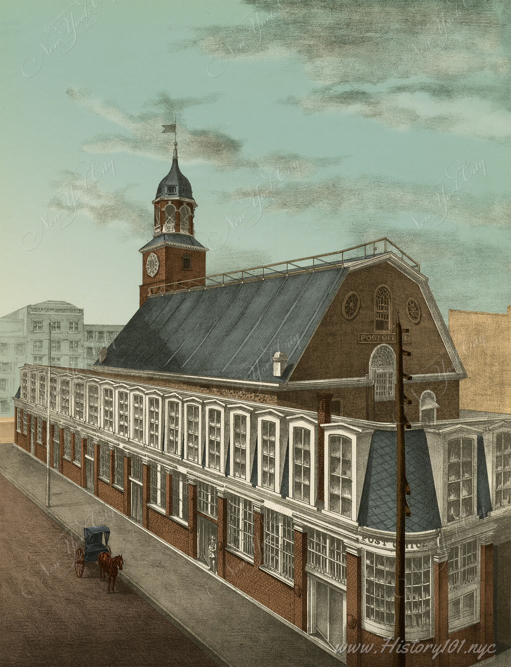 Artist's sketch of one of the city's oldest post office branches which is no longer standing. Artwork by John Briem, colorized by Fine Print.