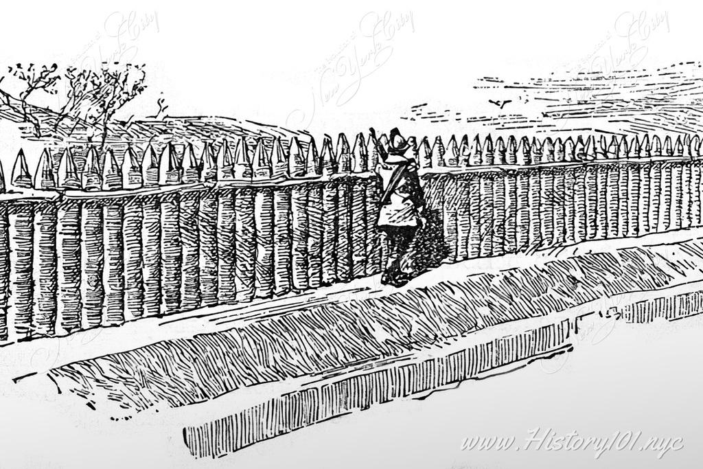 A wall constructed along the city's northernmost boundary, erected back in 1653 between the Hudson and East River to protect the town from marauding tribes.