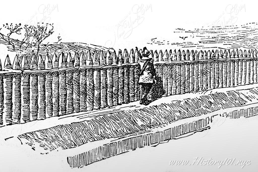 Explore the 1653 Wall Street palisade from New Amsterdam's Dutch settlers in Costello's 1887 book, a key to NYC's urban and defensive roots