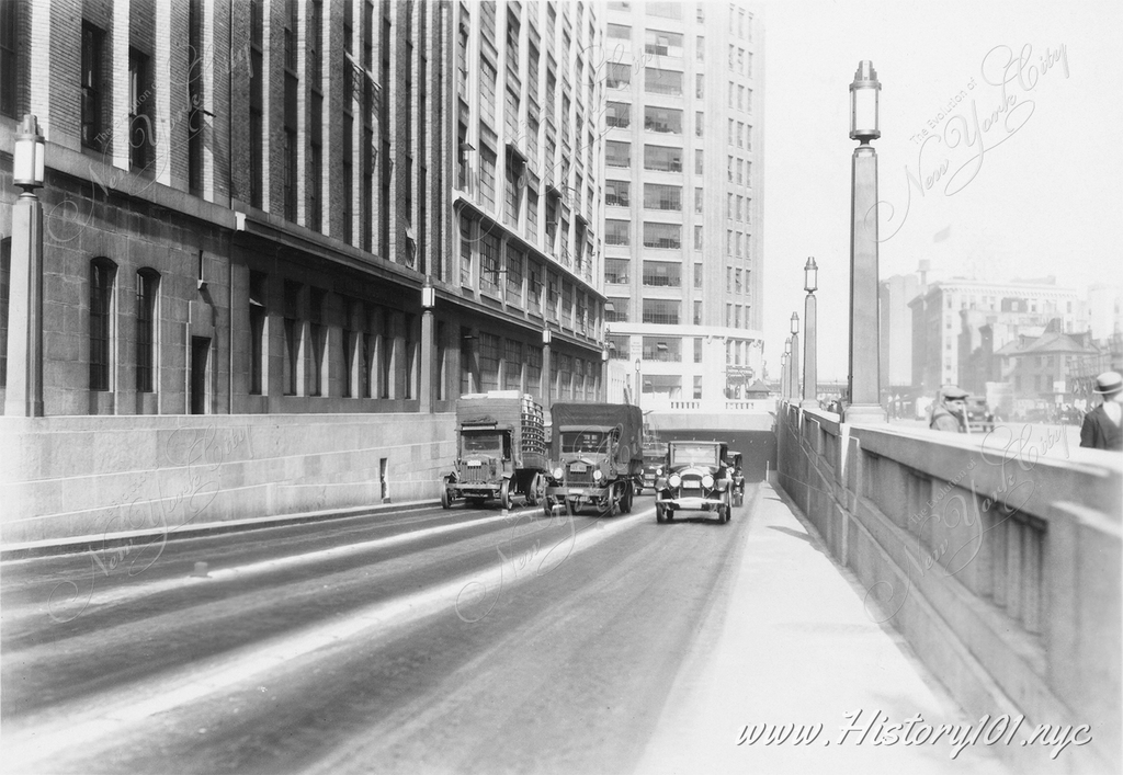 New York outlet of the Holland Tunnel on U. S. Route 1. At the time of its completion in1920 it was the longest underwater tunnel for vehicular traffic in the world.