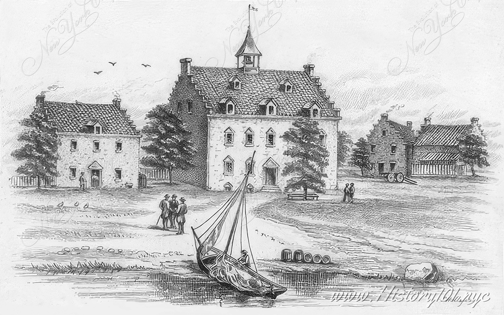 Explore Samuel Hollyer's engraving of New Amsterdam's 1642 hotel, a historical interpretation rather than a factual depiction of its design
