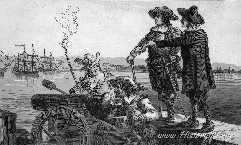 Illustration of Peter Stuyvesant and three men attempting to defend New Amsterdam from English Invasion