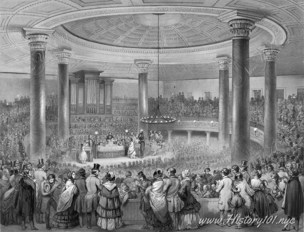 Print shows a large audience at the Broadway Tabernacle attending the annual distribution of the American Art Union prizes and lottery of paintings by American artists.