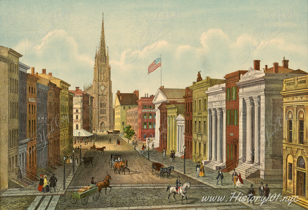 Illustration of the Financial District in lower Manhattan, the cobblestone streets are filled with the activity of horses, carriages and pedestrians.