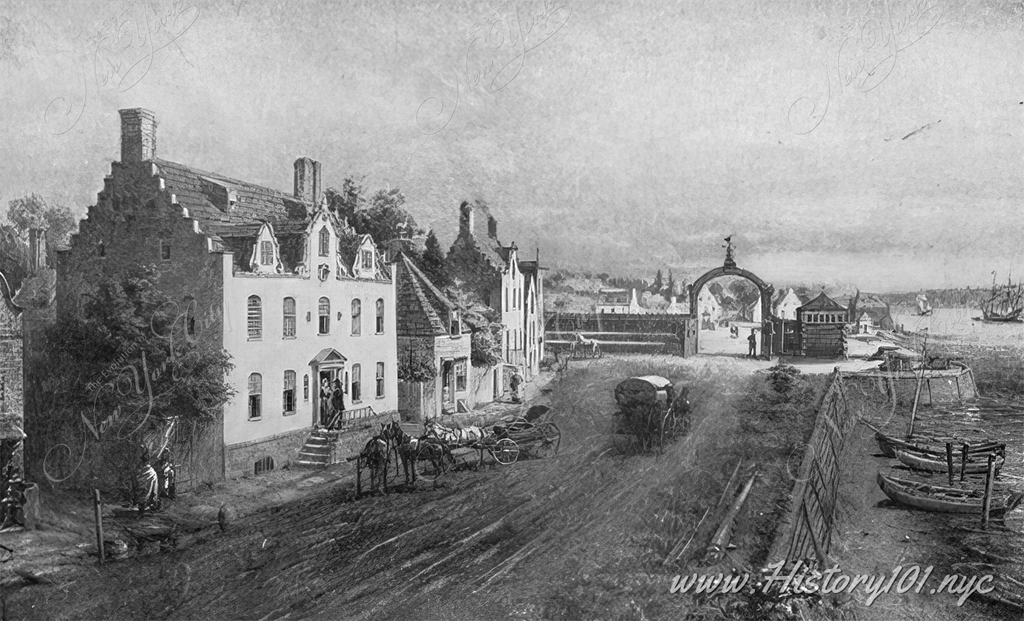 Illustration of Pearl Street by the East River with horses and carriages along the road.