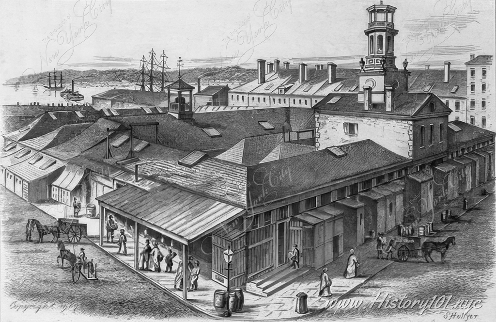 The Washington Market was built in 1813 near the Hudson River in what is now Tribeca. By 1829 it grew to be the largest wholesale market in the city and nation at the time. 