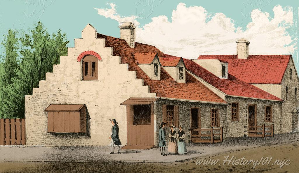 Colorized illustration of pedestrians in front of a Dutch-style house, constructed on the north east corner of Exchange Place & Broad Street.
