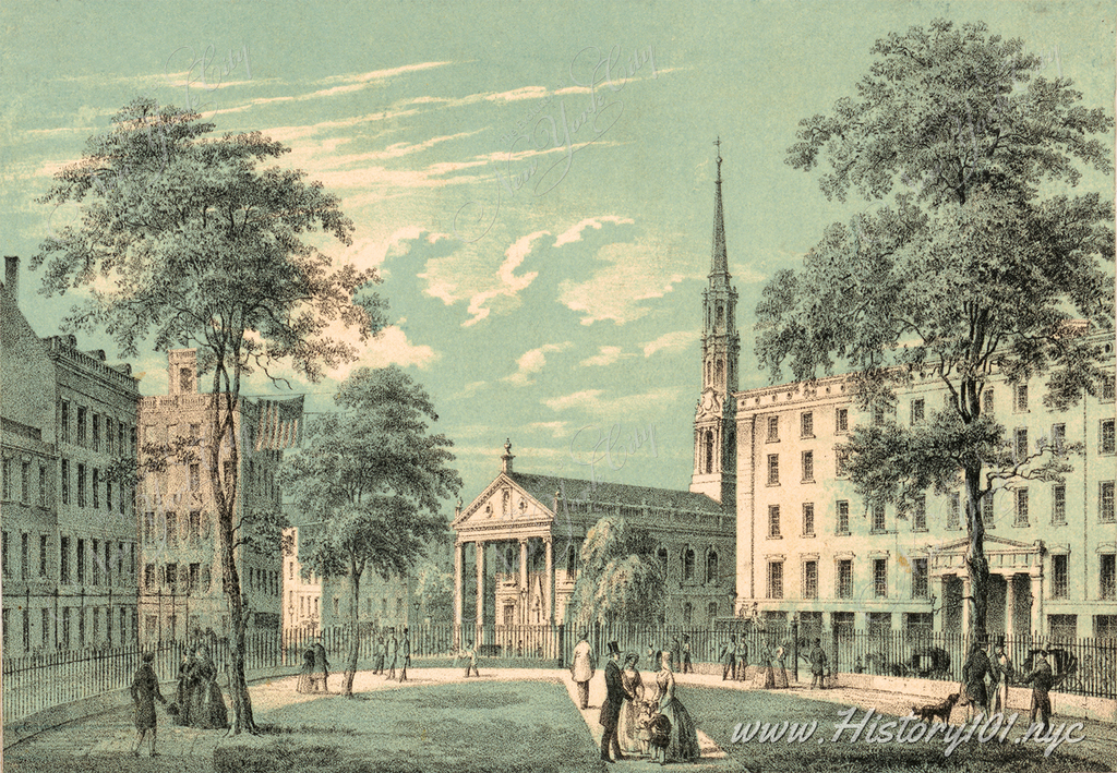 Print showing a street view from the park of St. Paul's Church, Barnum's Museum and the Astor House in New York City.