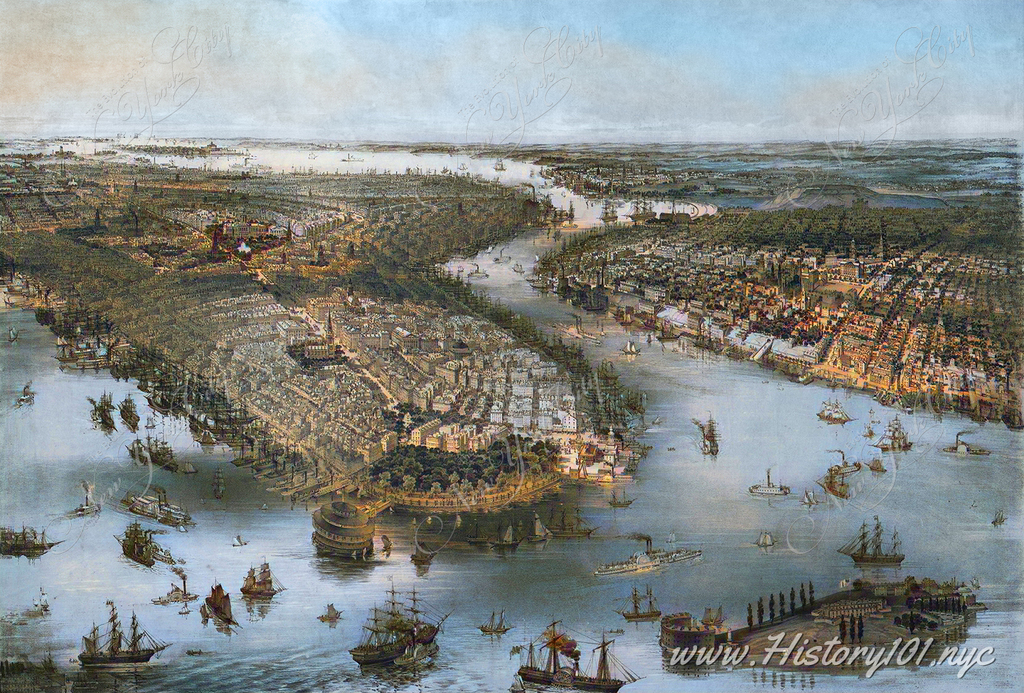 A bird's eye view of New York Harbor, Manhattan & Brooklyn - drawn from nature & on stone by John Bachman.
