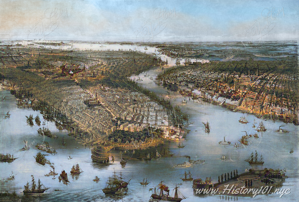Explore John Bachman[n]’s bird’s-eye lithograph of New York & Brooklyn, featuring Battery Park, Governors Island, and a numbered key for identifying major landmarks