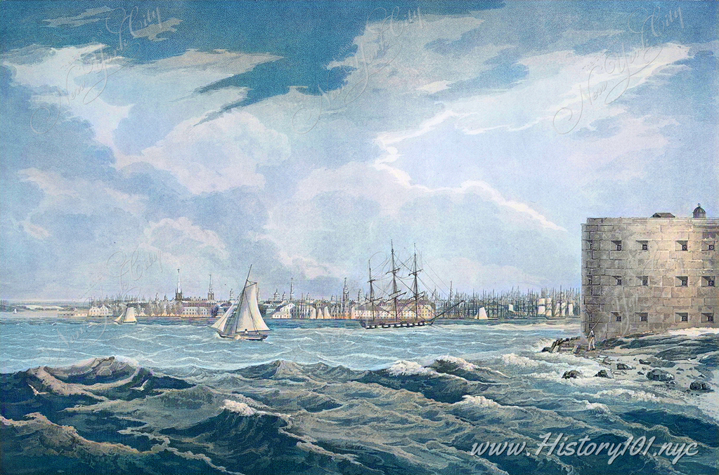 Print shows a view of New York City from Governors Island with a soldier patrolling outside a fortification, and a sailboat and sailing ship in the harbor with the city in the background.