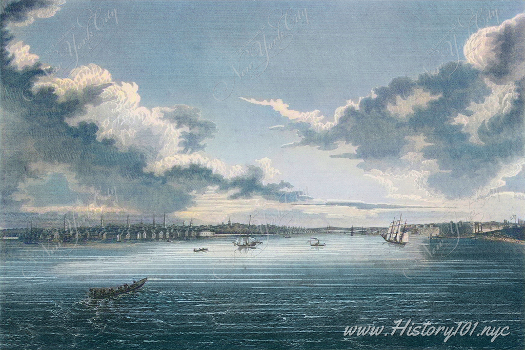 Illustration of the New York Harbor from the south, looking across to Manhattan. Castle Williams on Governors Island is visible in the foreground.