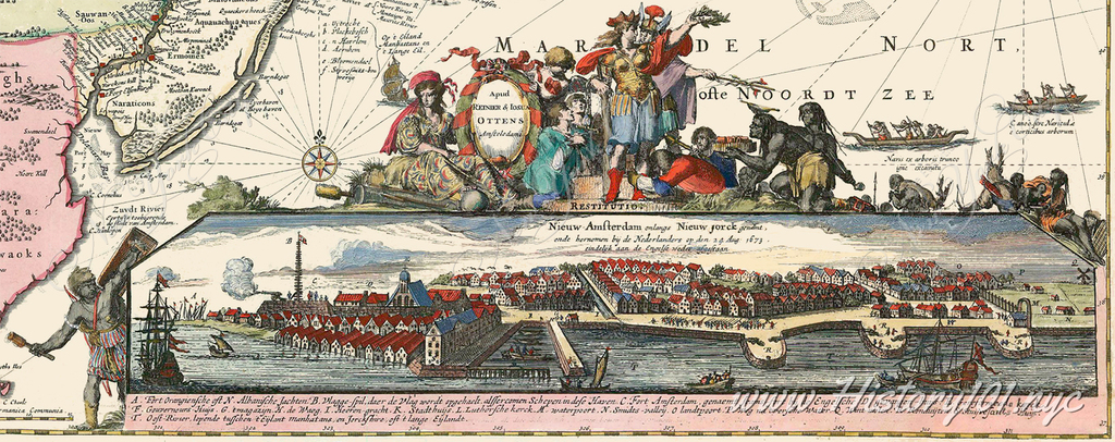 Hugo Allard's "Totius Neobelgii Nova et Accuratissima Tabula," produced around 1674, represents a significant advancement in the cartographic depiction of what is now known as New York City, then referred to as Nieuw Amsterdam.