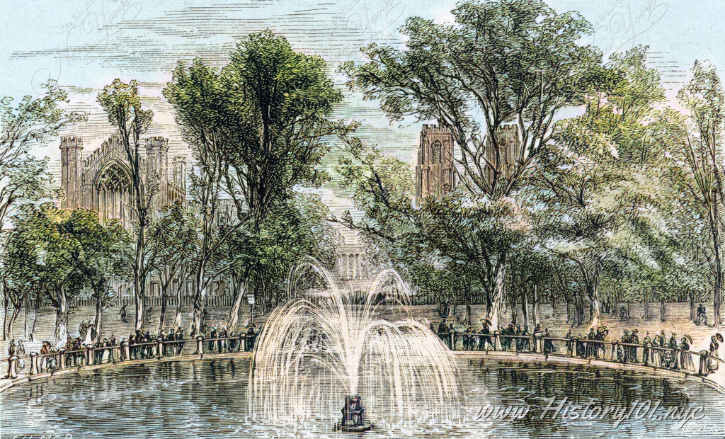 In 1801, Washington Square Park, with its iconic fountain, was a focal point of social and cultural life in New York City, emblematic of the city's burgeoning public spaces. 