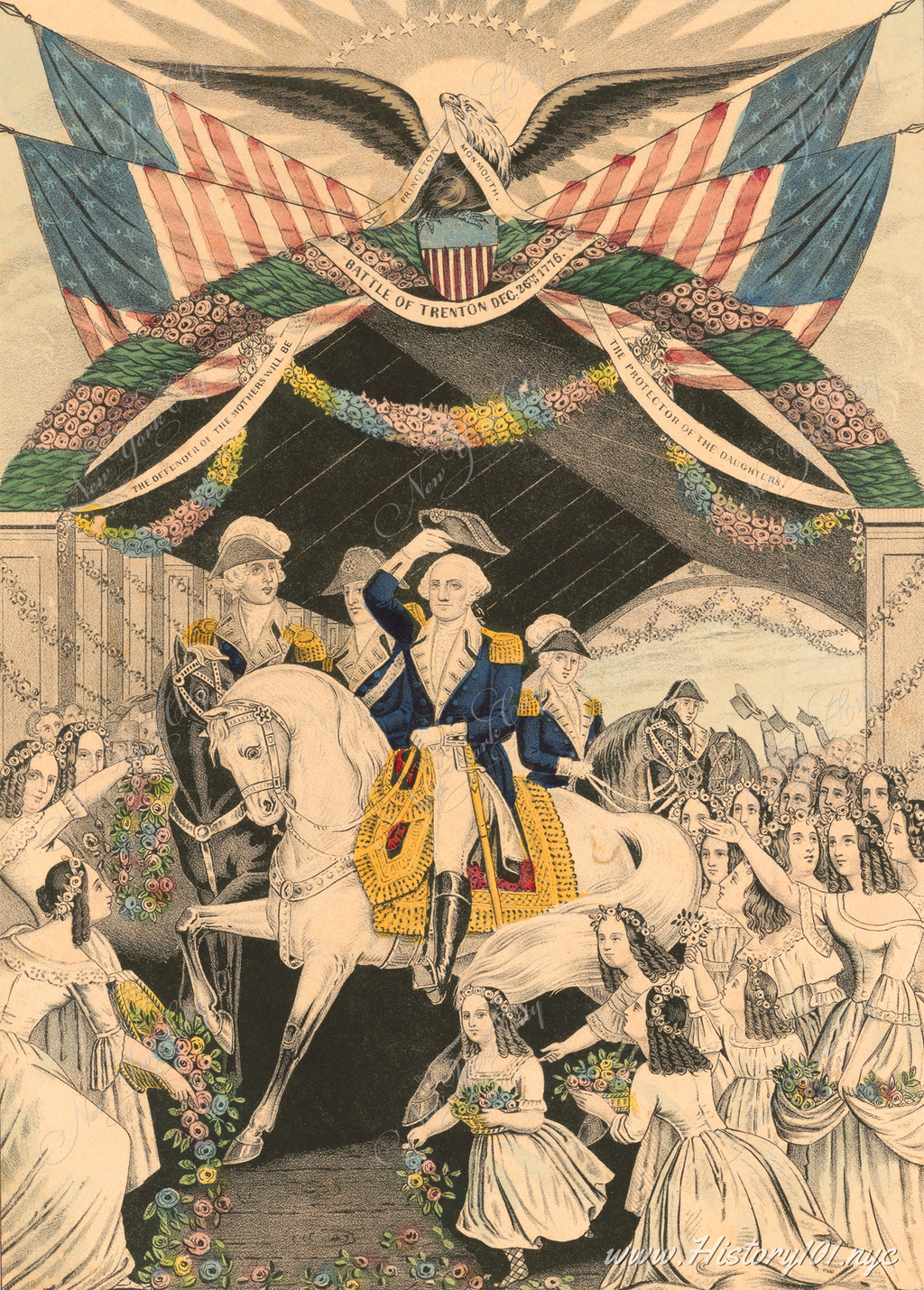The illustration titled "Washington's Reception by the Ladies, on Passing the Bridge at Trenton, N.J." captures a momentous and symbolic event in American history. 