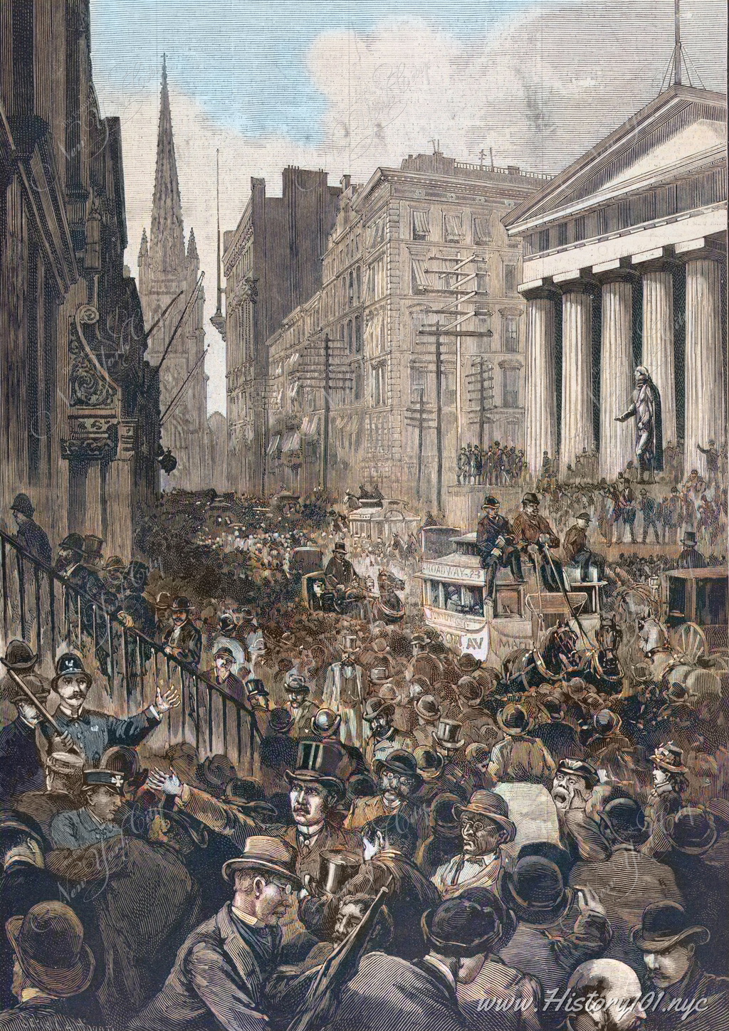 Explore the 1884 Wall Street panic through Schell & Hogan's illustration in Harper's Weekly, capturing New York City's historic financial turmoil.