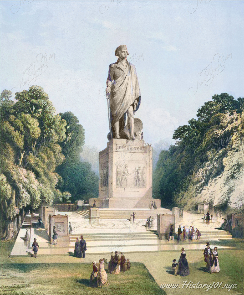 This stone engraving by G.Thomas depicts the grand vision of a colossal statue of George Washington proposed for New York City in 1845.