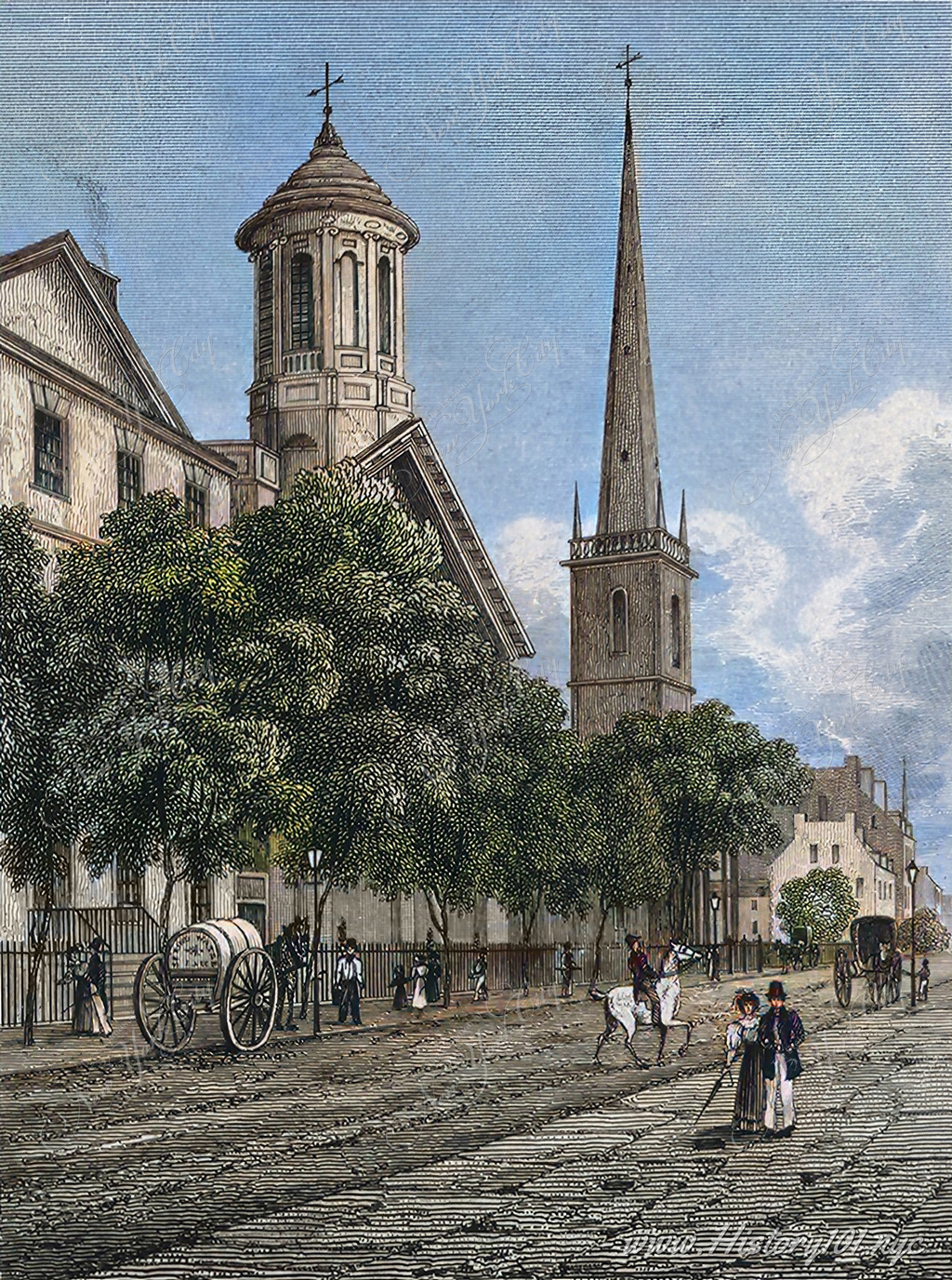 This illustration of Broadway and Grace with Trinity Church in 1831 offers a glimpse into the daily life of early 19th-century New York City. 
